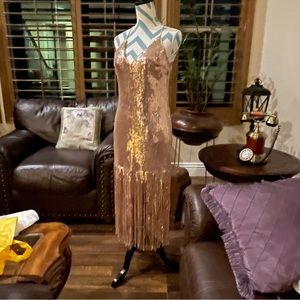 Forever 21 Rose Gold Sequin Backless Fringe Slip Dress